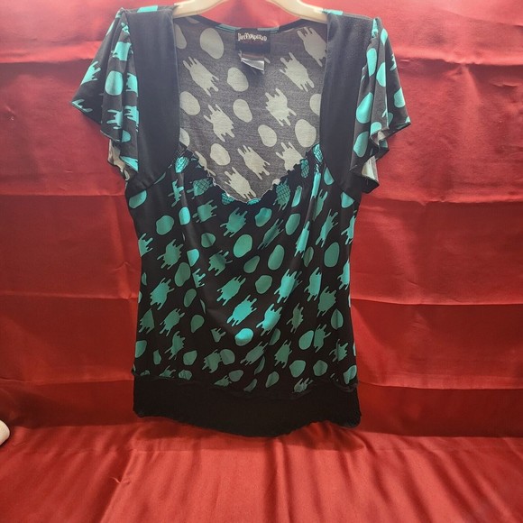 HOT TEMPERED Size Large Short Sleeve Blouse Black Green Polka Dot Stretch Dress - Picture 2 of 5
